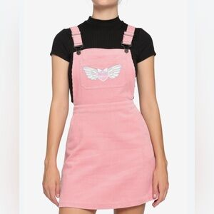 Hot Topic Pink Corduroy Pinafore Dress with Winged Heart Patch